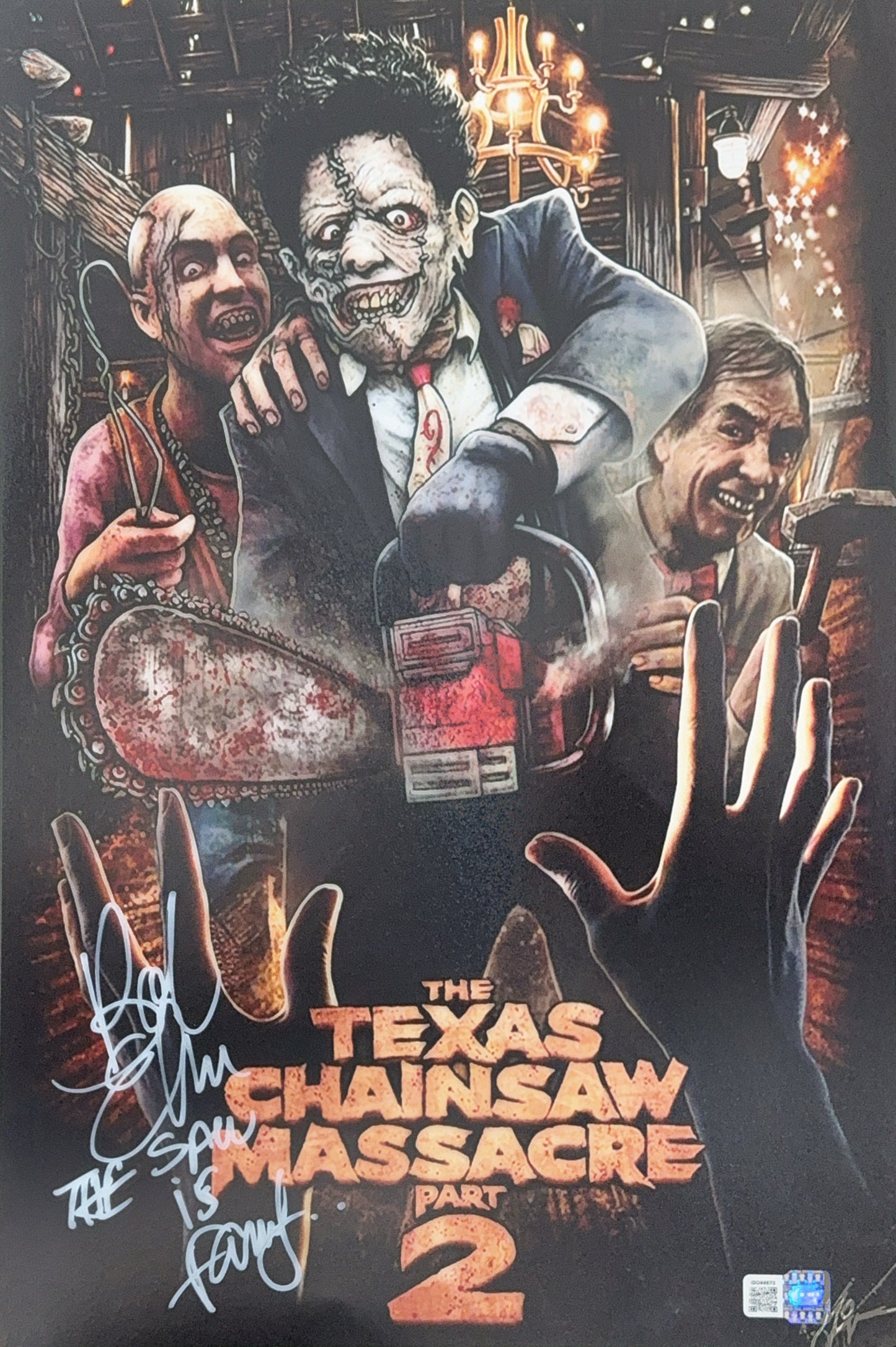 Bob Elmore signed The Texas Chainsaw Massacre Part 2 movie poster photo 1C