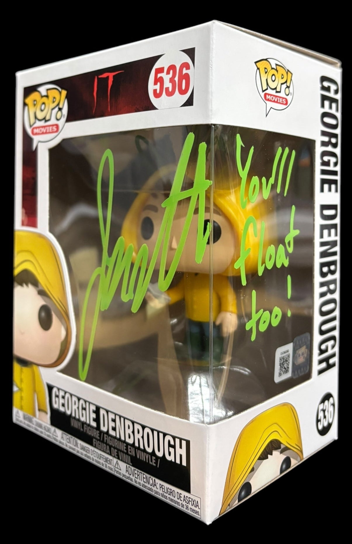 Jackson Robert Scott signed IT Georgie Debrough Funko Pop! "You'll Float Too" (Green)