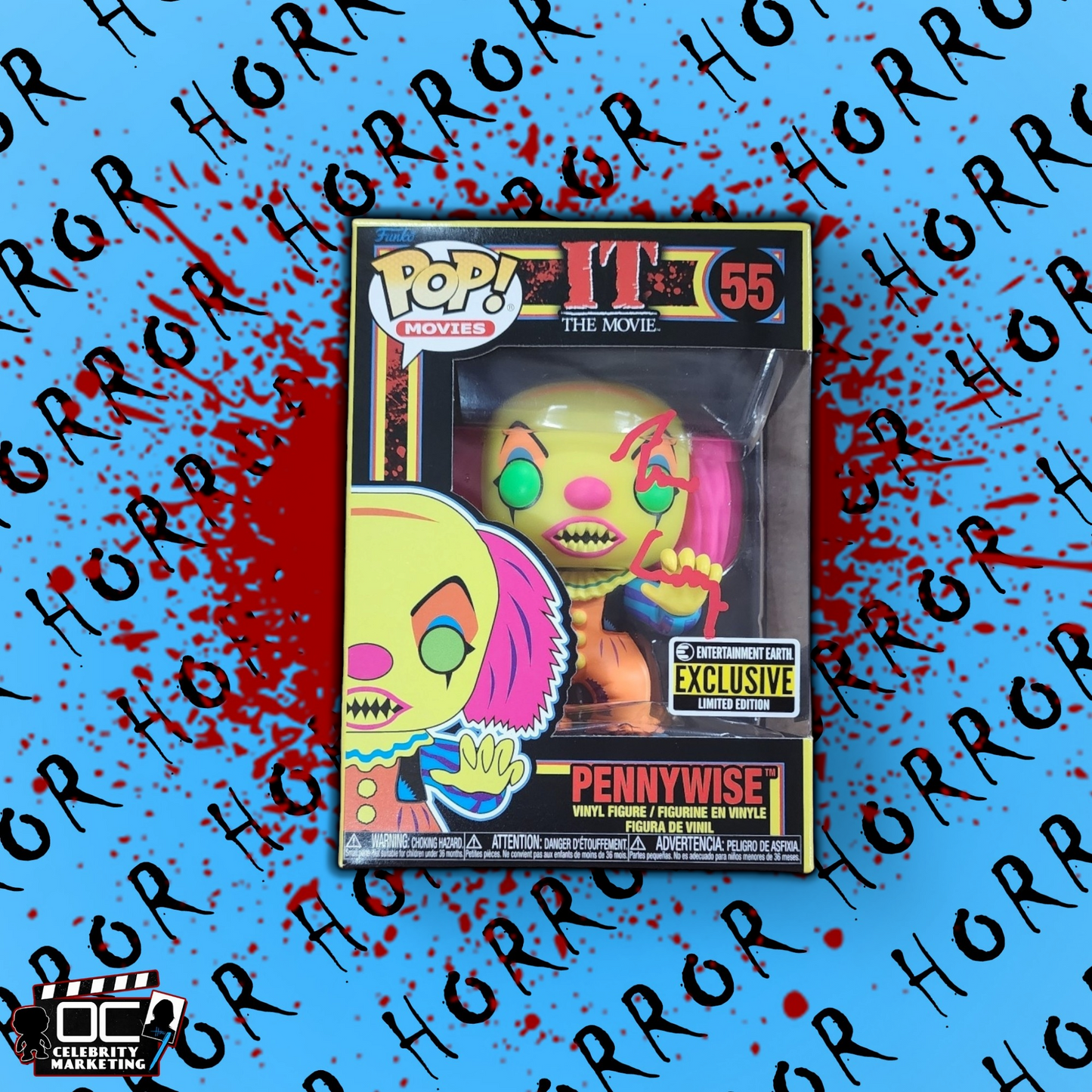 Tim Curry signed E.E. Blacklight LE IT The Movie Pennywise Funko 55 QR OCCM(Red)