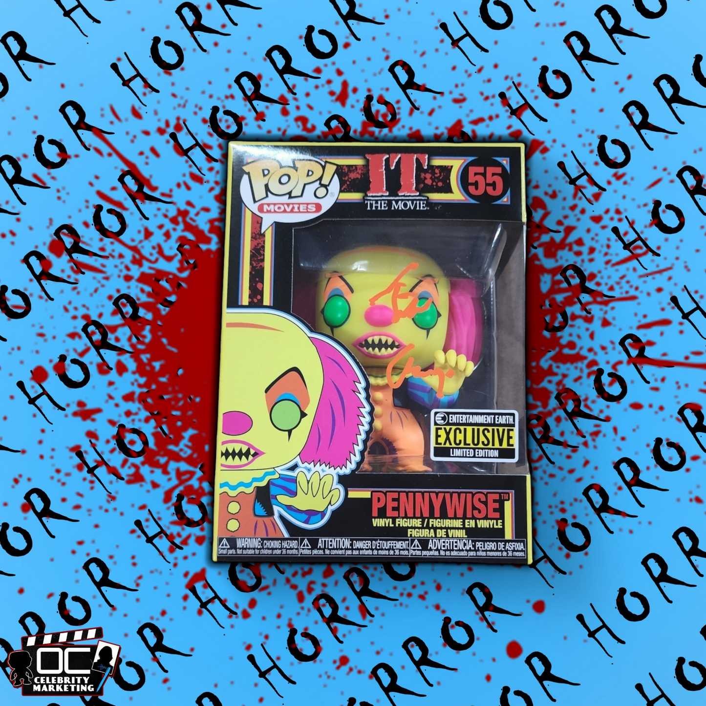 Tim Curry signed E.E. Blacklight LE IT The Movie Pennywise Funko QR OCCM-Orange