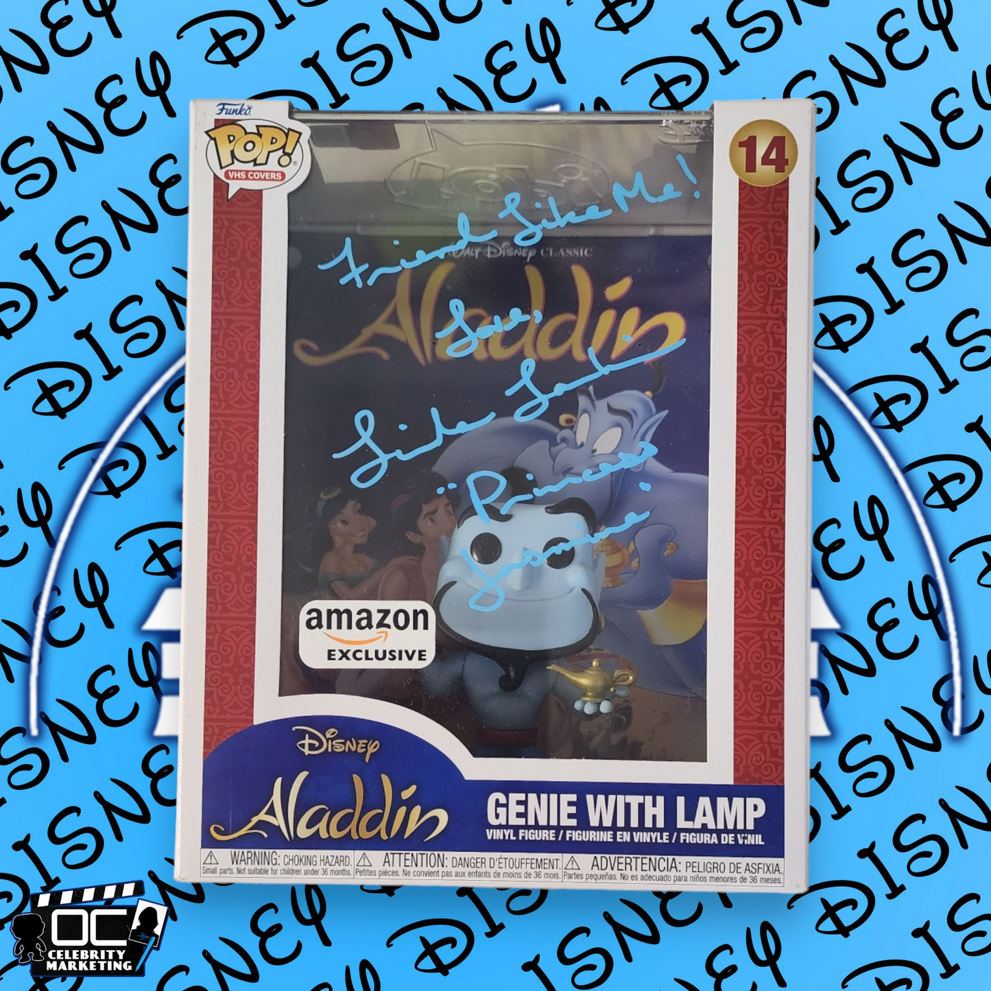 Linda Larkin signed Amz Excl. Disney VHS Cover Genie With Lamp Funko OCCM QR-FLM