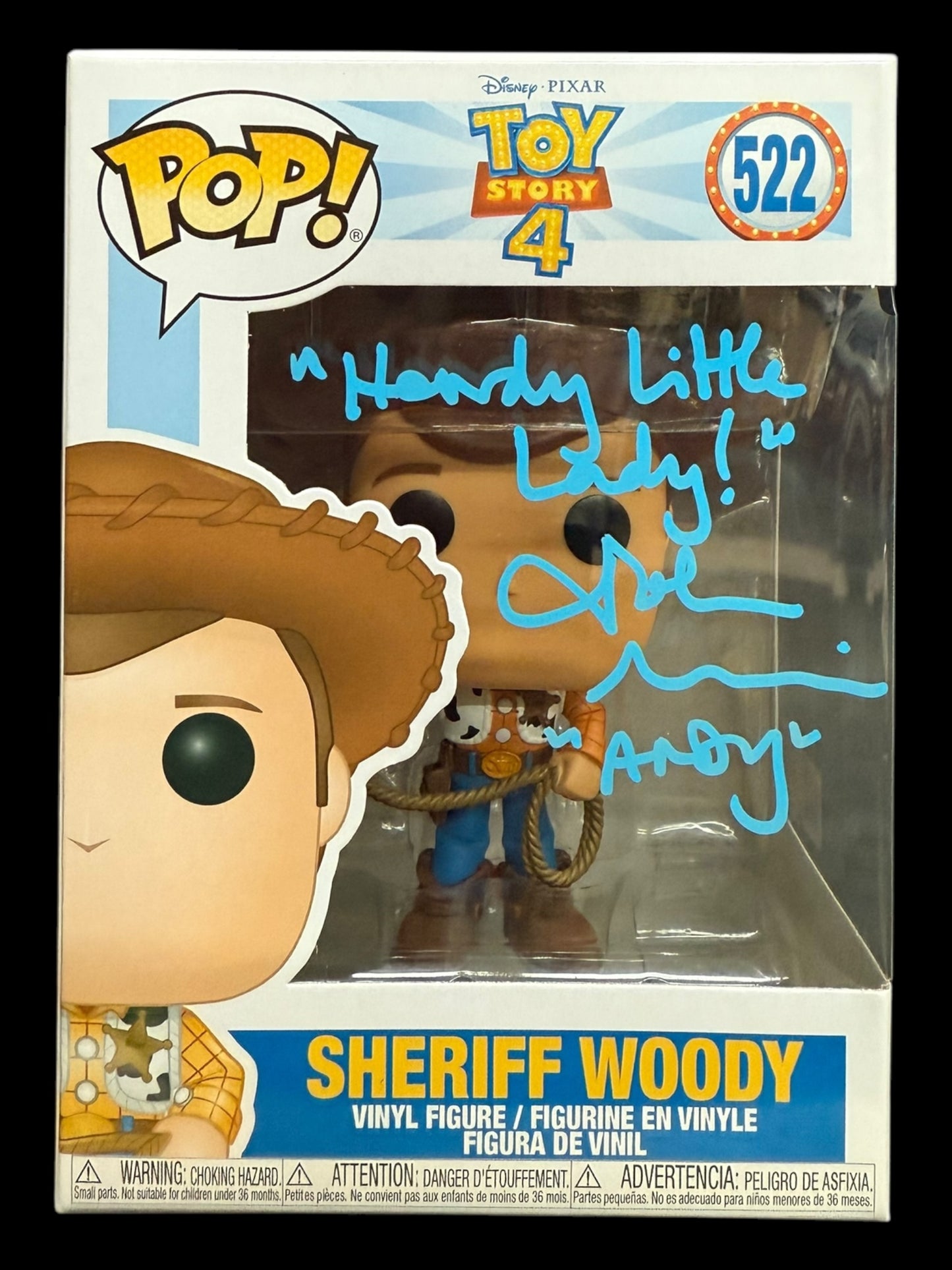 John Morris signed Disney Toy Story 4 Sheriff Woody Funko #522 Quote #3