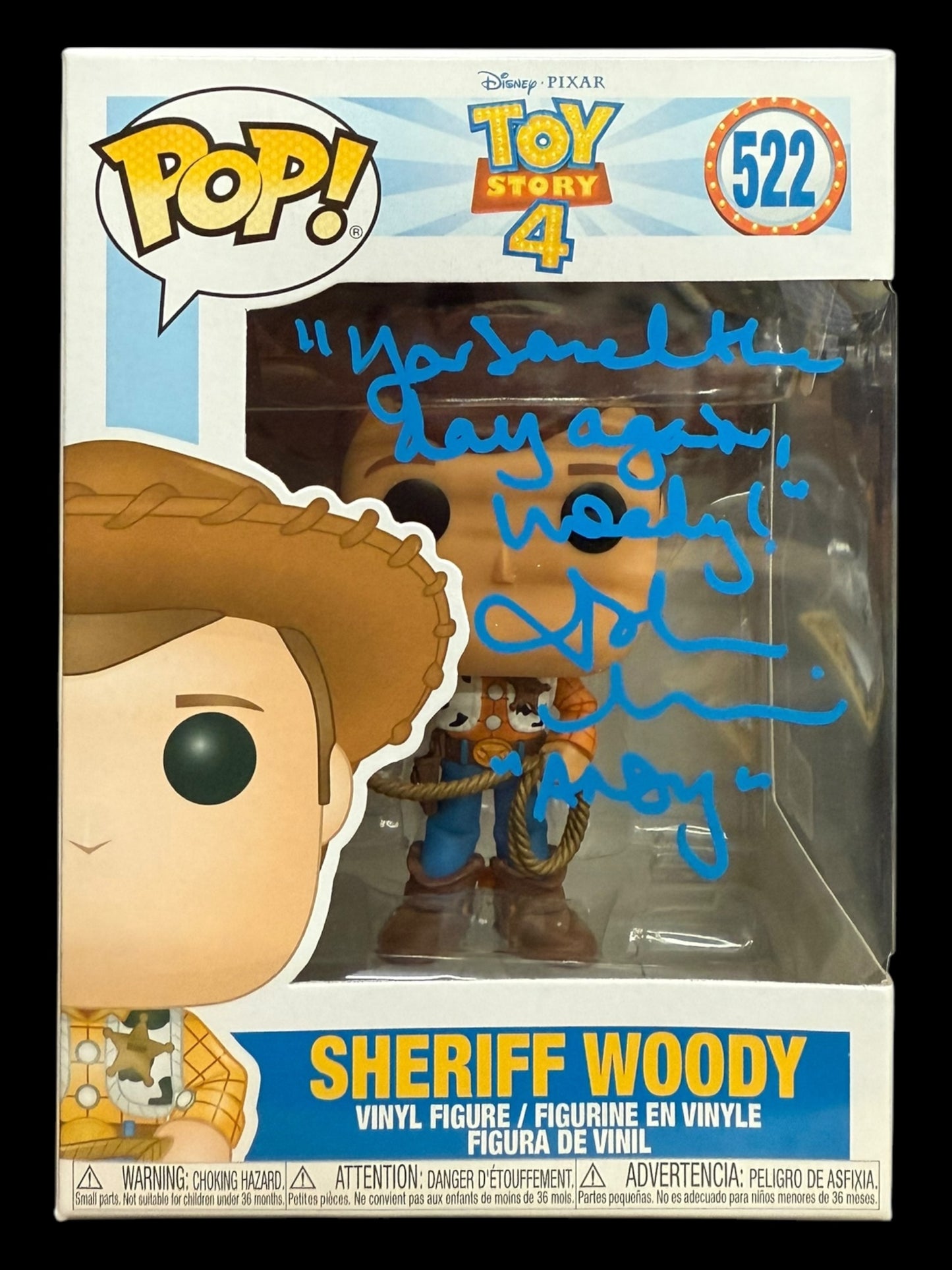 John Morris signed Disney Toy Story 4 Sheriff Woody Funko #522 Quote #6