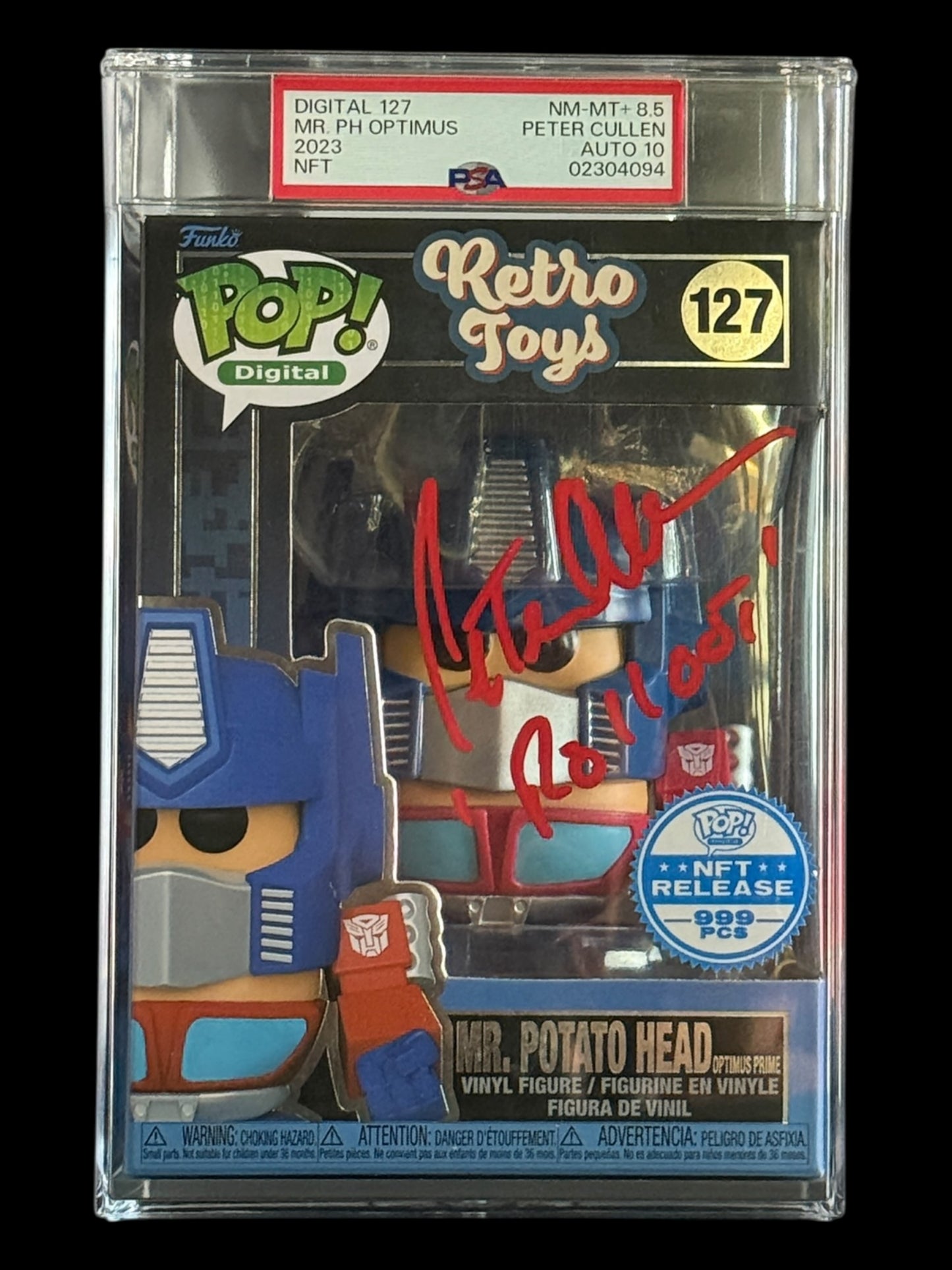 Peter Cullen signed PSA Encap. Mr. Potato Head as Optimus Prime NM-MT+8.5 NFT Funko Pop! - Red