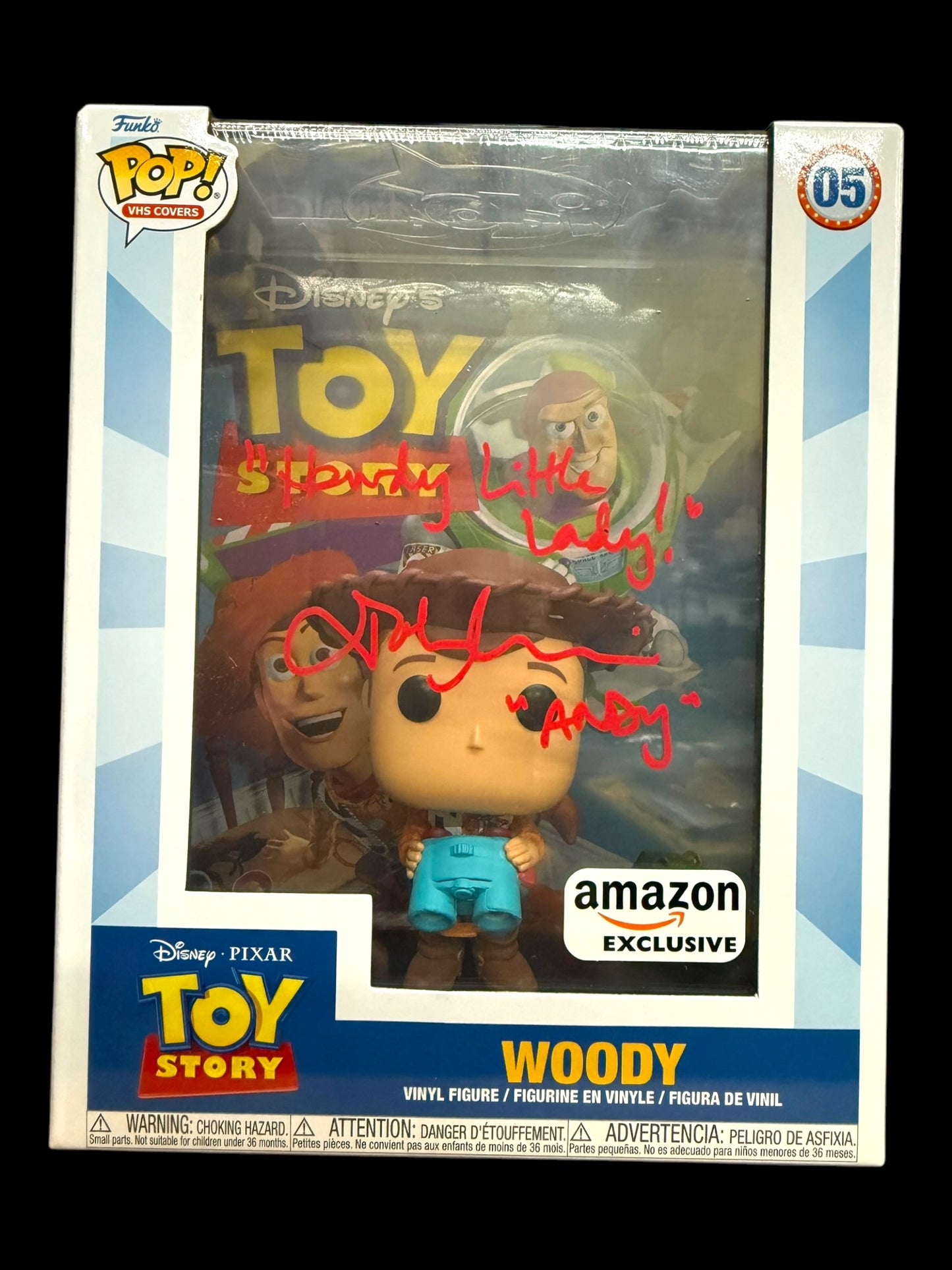 John Morris signed Amz Excl. Disney VHS Cover Toy Story Woody Funko Pop! Quote #3