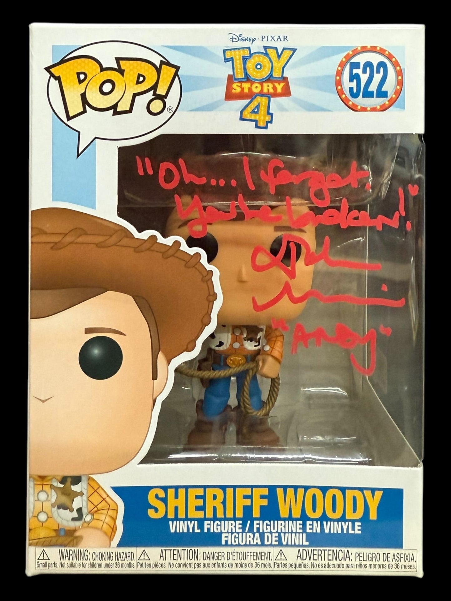John Morris signed Disney Toy Story 4 Sheriff Woody Funko #522 Quote #2