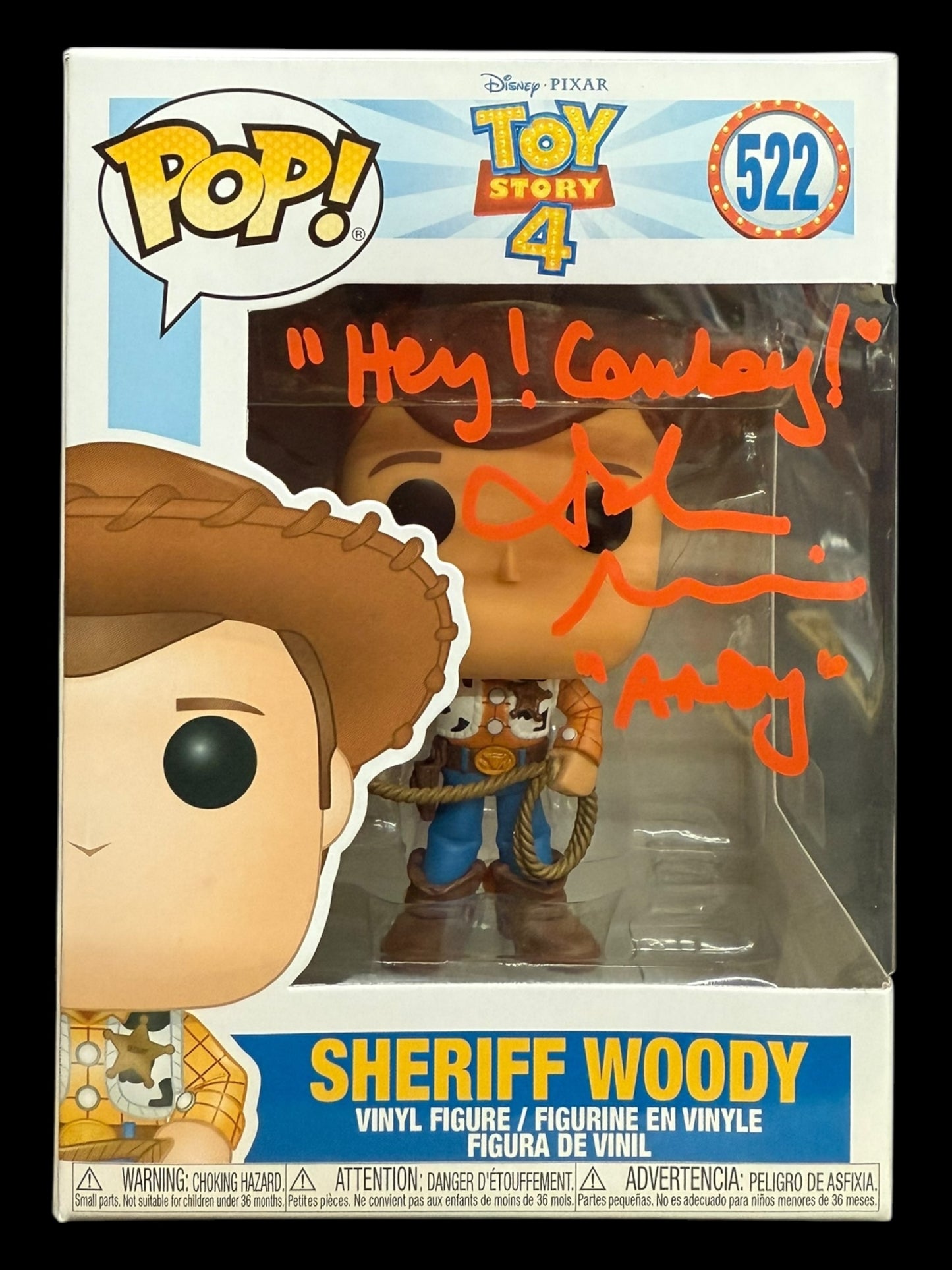 John Morris signed Disney Toy Story 4 Sheriff Woody Funko #522 Quote #5