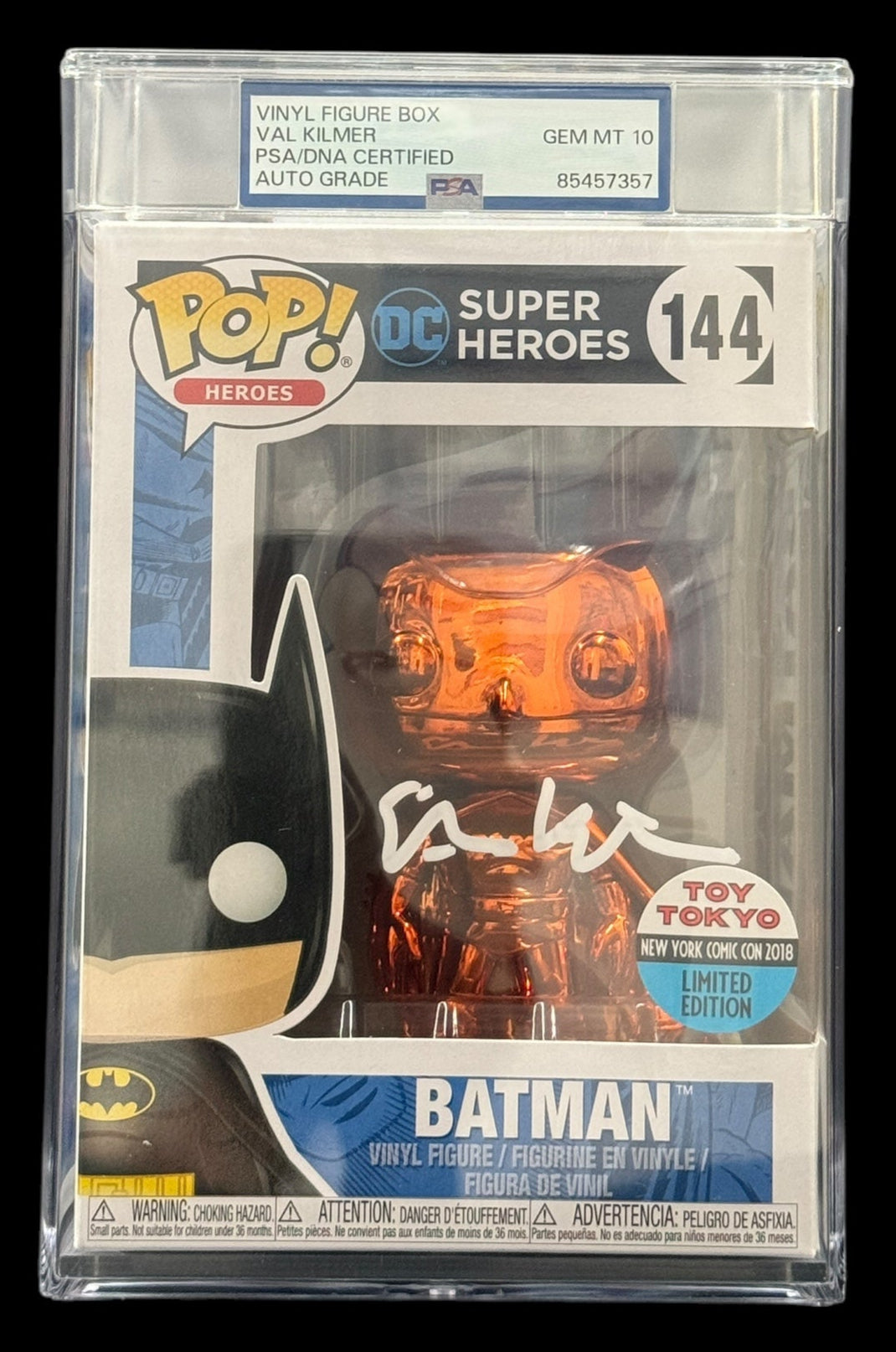 Val Kilmer signed PSA Encap Gem Mint 10 Toy Tokyo Exclusive NYCC LE Orange Chrome DC Super Heroes Batman Funko Pop #144 1A