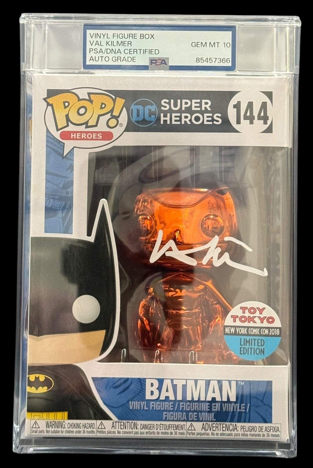 Val Kilmer signed PSA Encap Gem Mint 10 Toy Tokyo Exclusive NYCC LE Orange Chrome DC Super Heroes Batman Funko Pop #144 1B