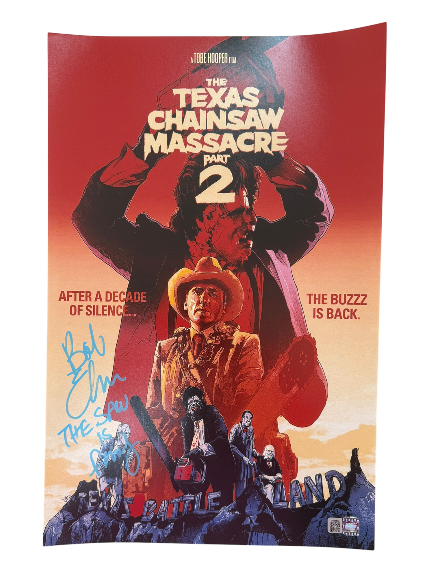 Bob Elmore signed The Texas Chainsaw Massacre Part 2 movie poster photo 1B