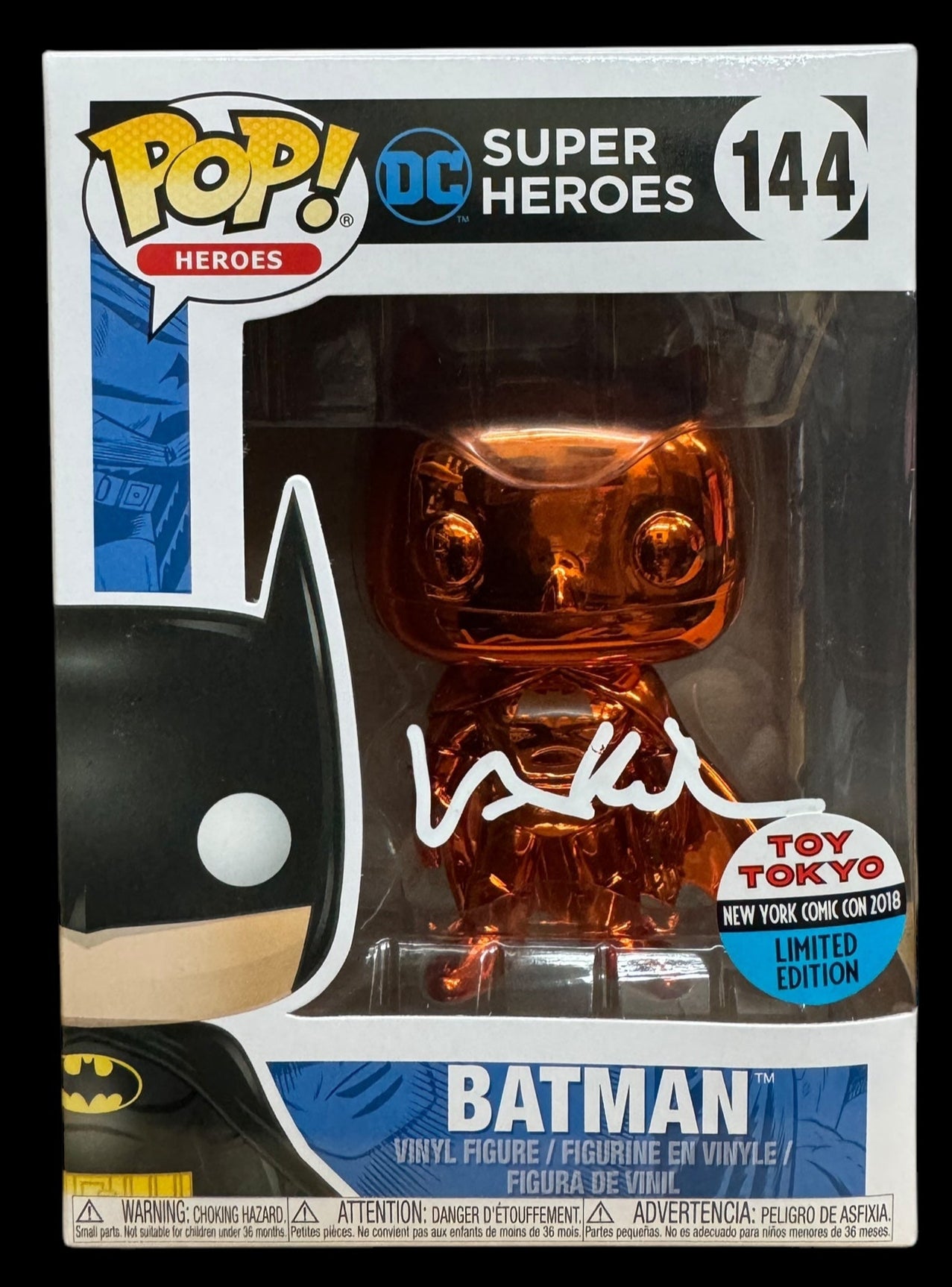 Val Kilmer signed Toy Tokyo Exclusive NYCC LE Orange Chrome DC Super Heroes Batman Funko Pop #144