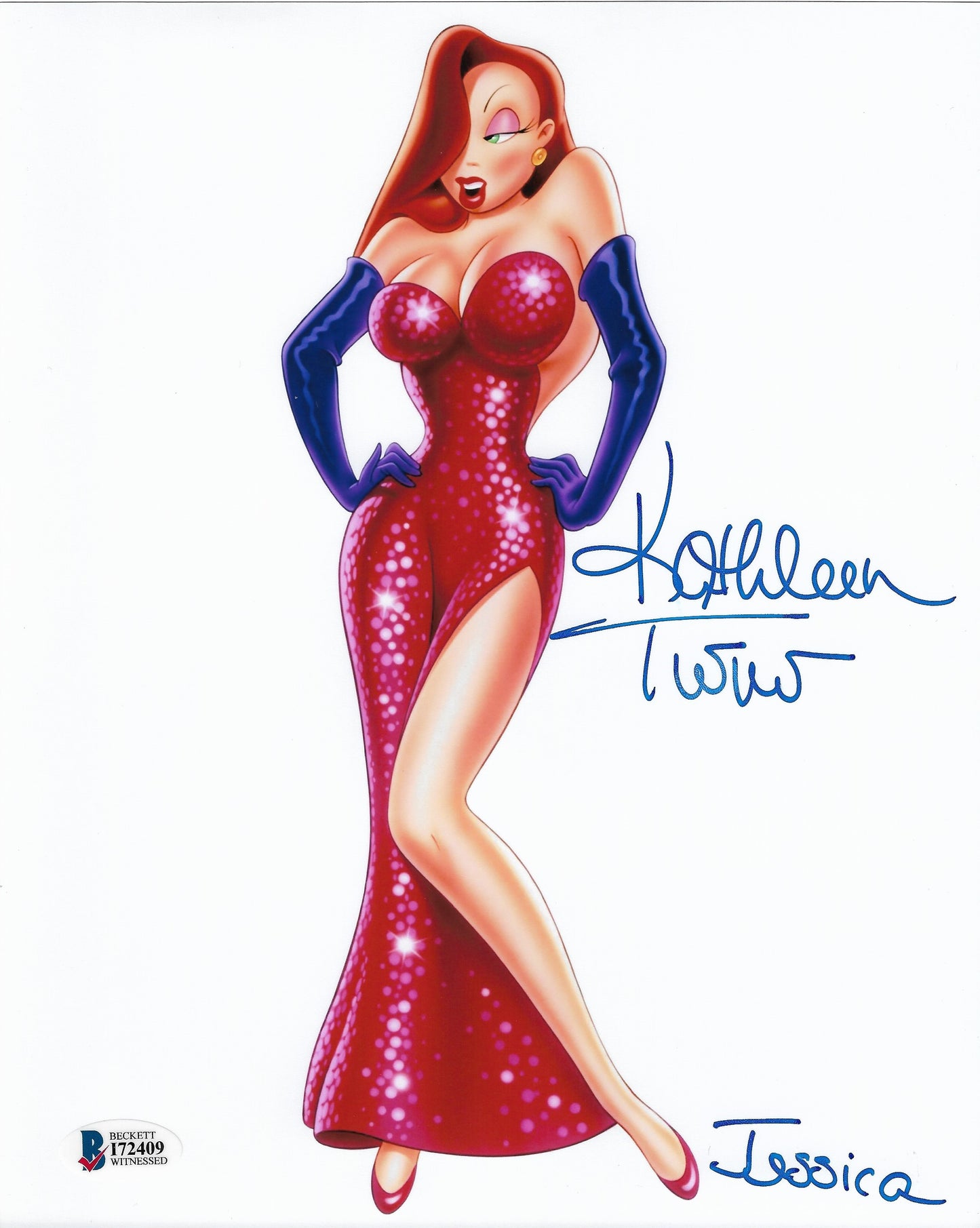 Kathleen Turner signed Jessica Rabbit 8x10 Photo with Jessica Inscription