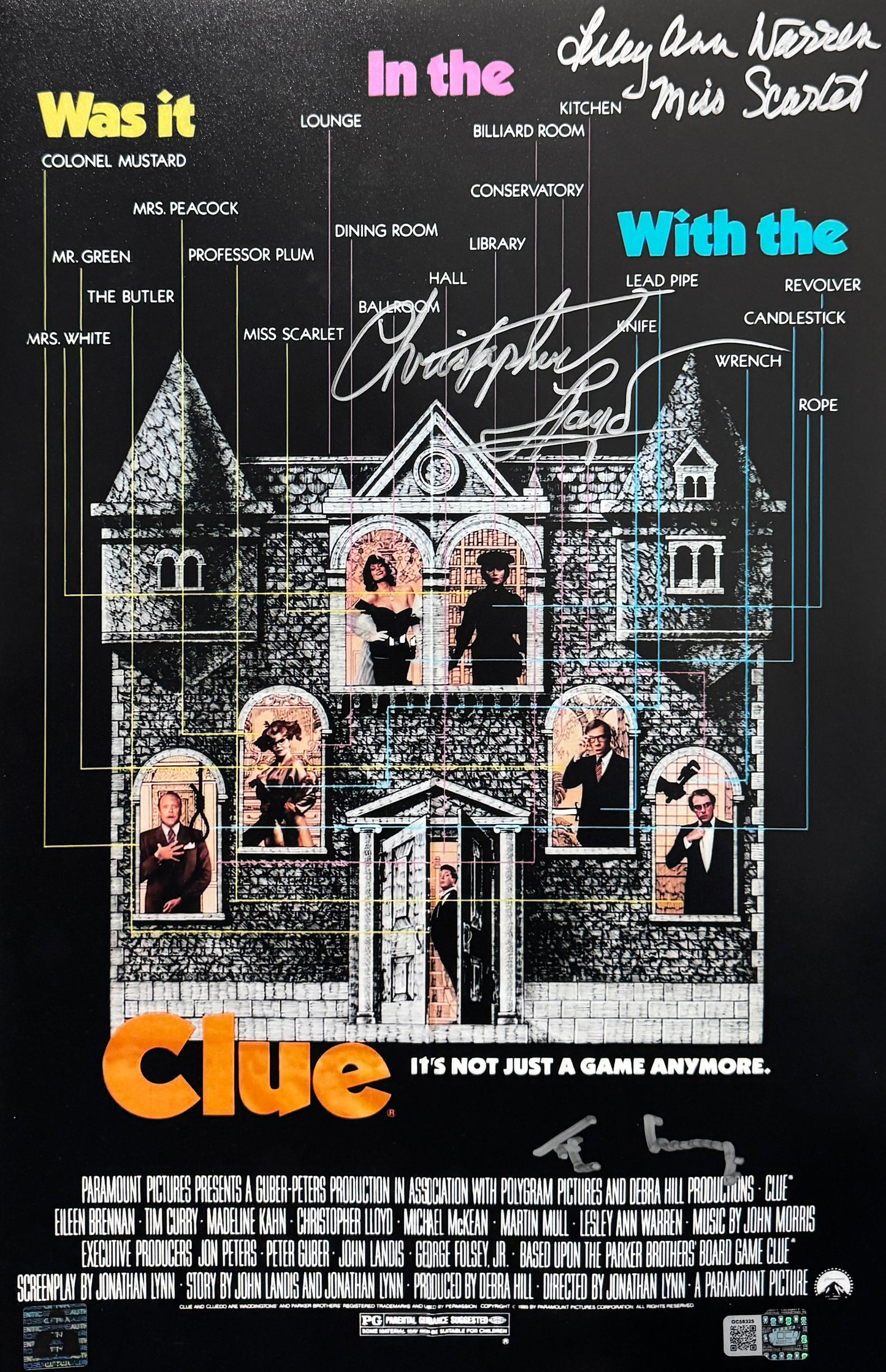 Tim Curry, Lesley Ann Warren & Christopher Lloyd signed 11x17 Clue movie poster photo