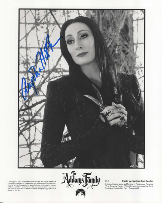 Anjelica Huston signed 8x10 Glossy B&W Morticia Addams photo auto OCCM QR code