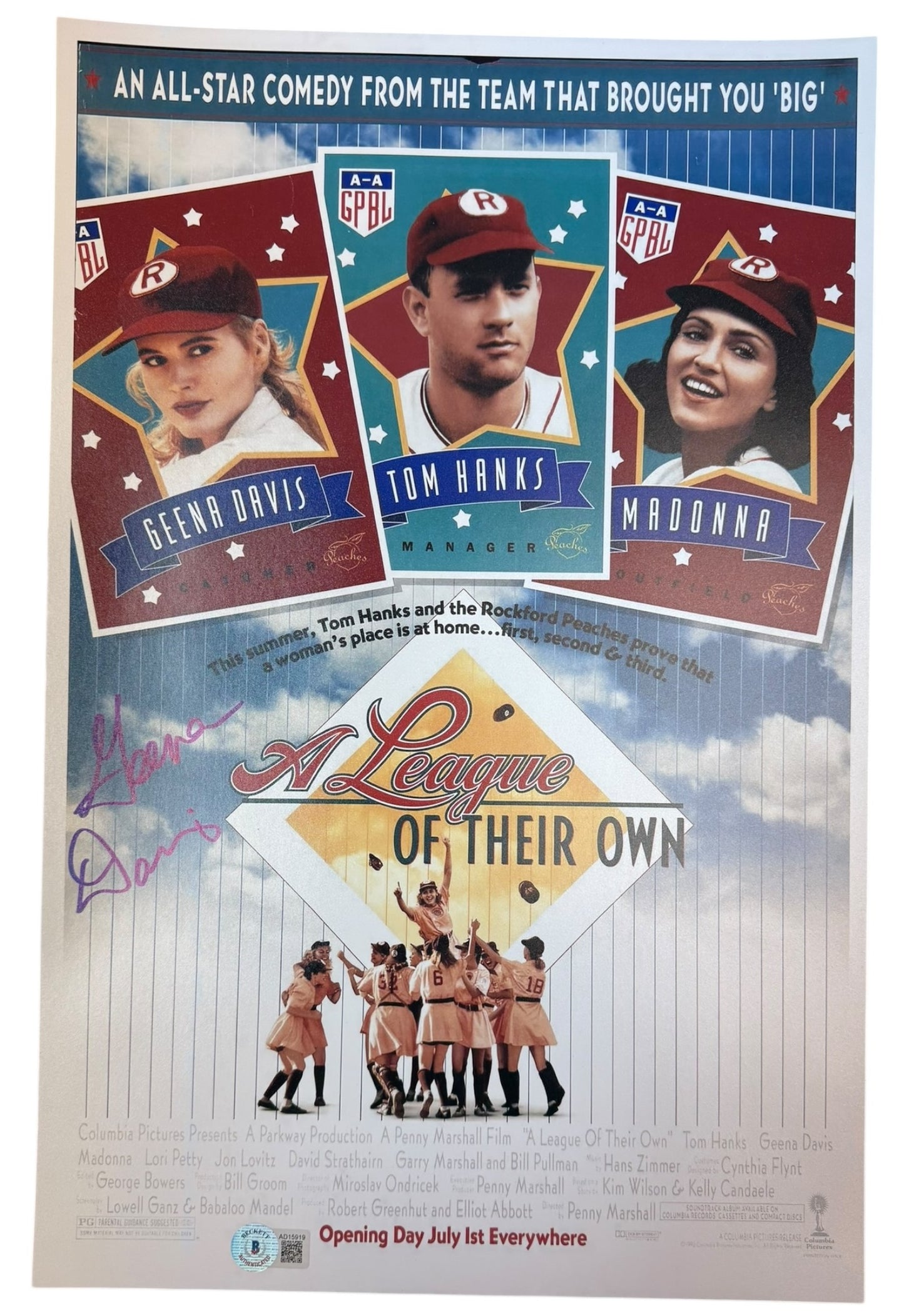 Geena Davis signed 11x17 A League of Their Own movie poster photo