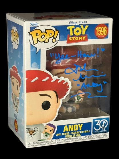 John Morris signed Disney - Pixar Toy Story Andy Funko Pop! 1596 "Yee-Haw!"