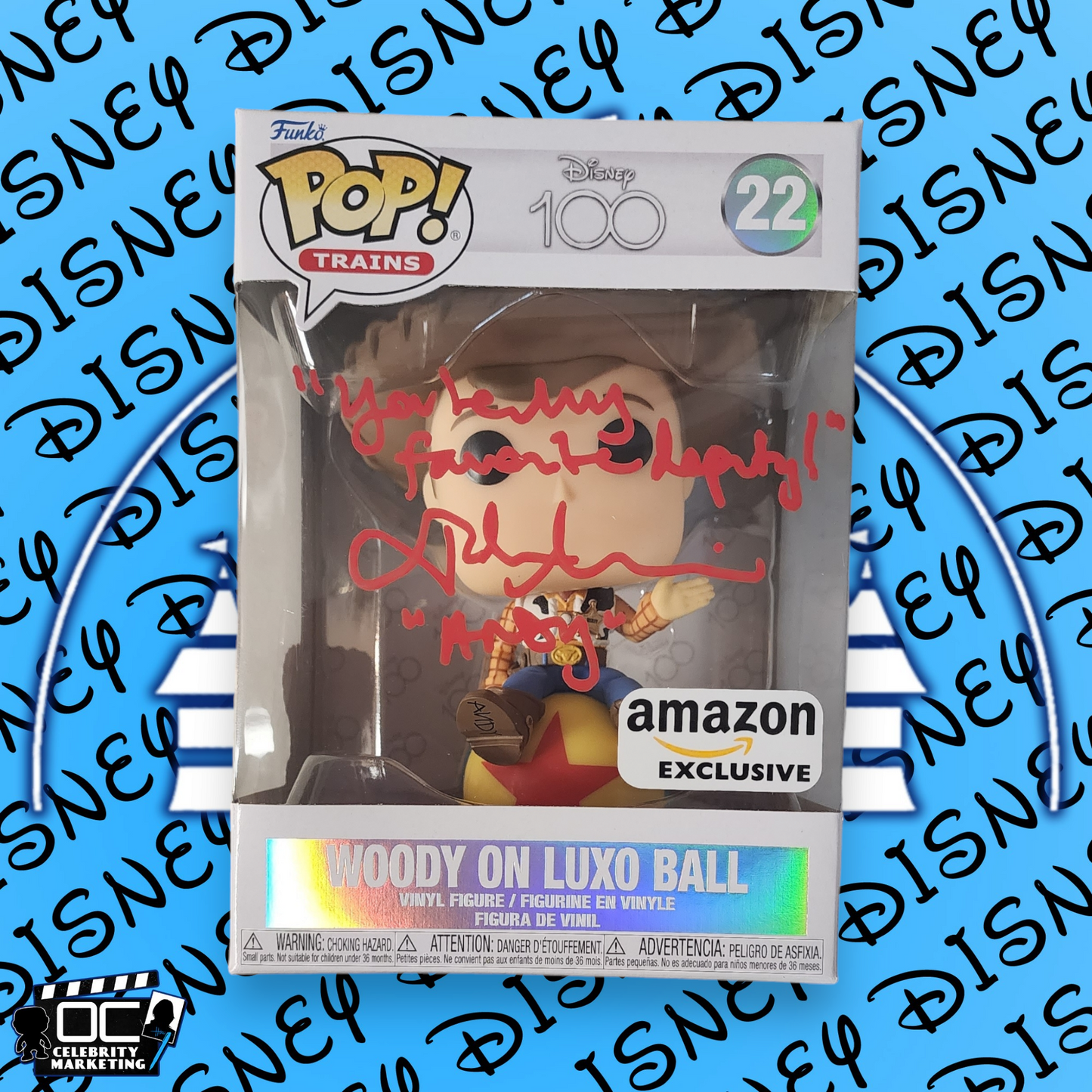 John Morris signed Disney 100 Amz Excl Woody On Luxo Ball Funko #22 OCCM QR-YMFD