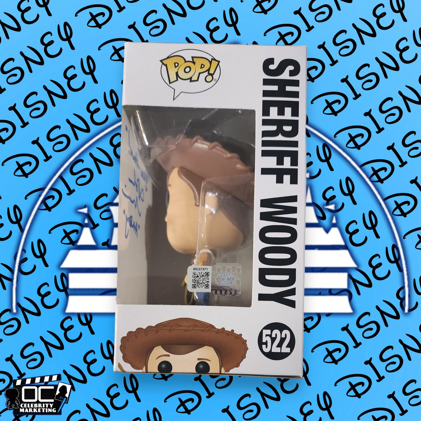 John Morris signed Disney Toy Story 4 Sheriff Woody Funko #522 OCCM QR code-YH