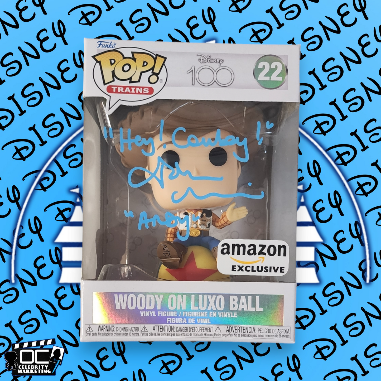 John Morris signed Disney 100 Amz Excl Woody On Luxo Ball Funko #22 OCCM QR code