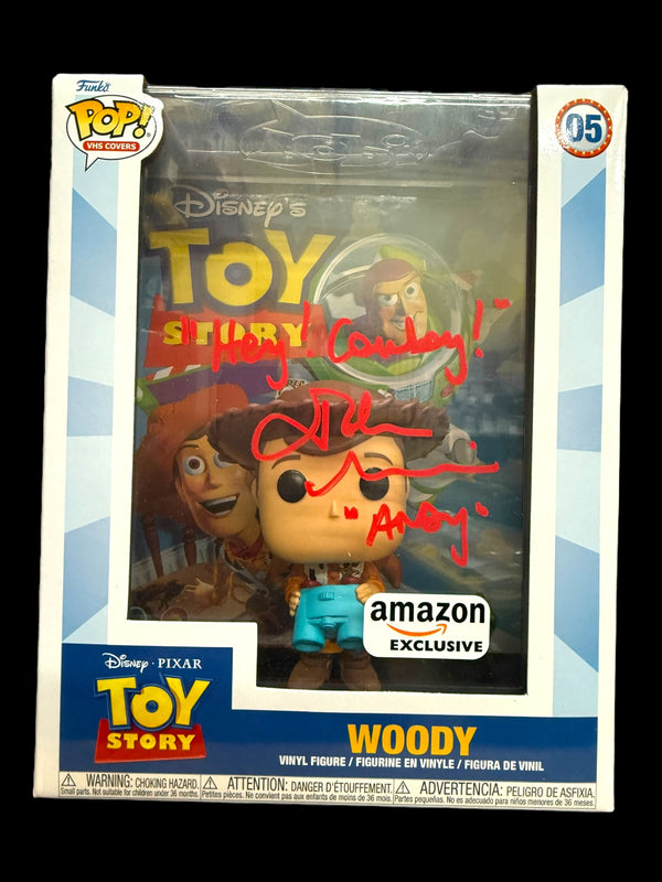John Morris signed Amz Excl. Disney VHS Cover Toy Story Woody Funko Pop! Quote #5