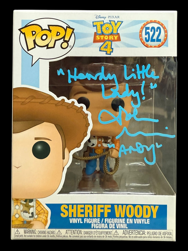 John Morris signed Disney Toy Story 4 Sheriff Woody Funko #522 Quote #3