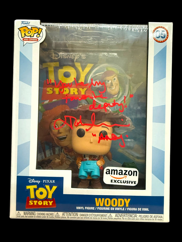 John Morris signed Amz Excl. Disney VHS Cover Toy Story Woody Funko Pop! Quote #4
