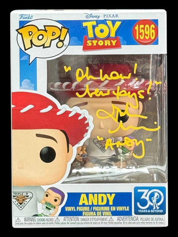 John Morris signed Disney Pixar Toy Story 30 Years and Beyond Andy Funko Pop! - "Oh wow! New Toys!"