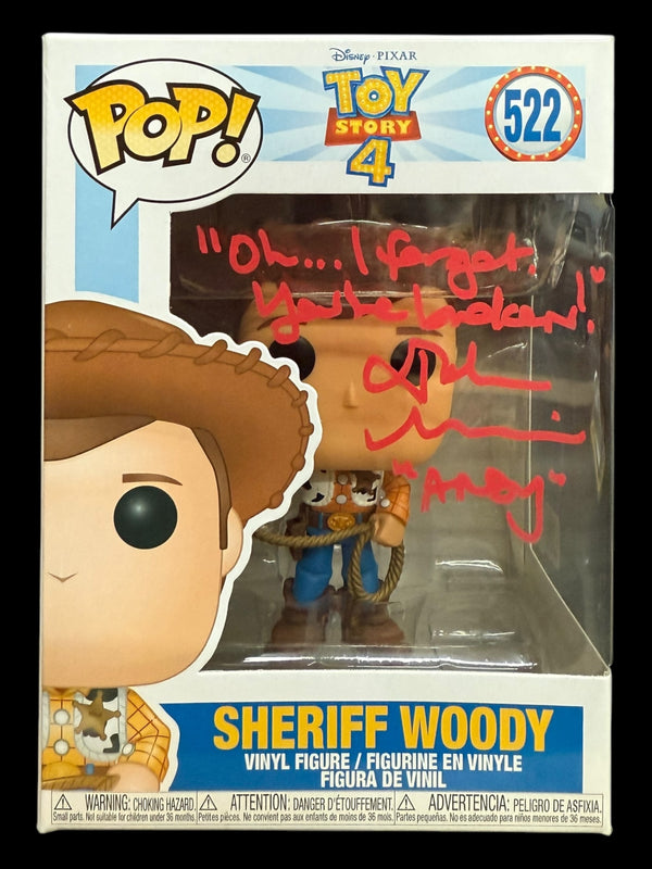 John Morris signed Disney Toy Story 4 Sheriff Woody Funko #522 Quote #2