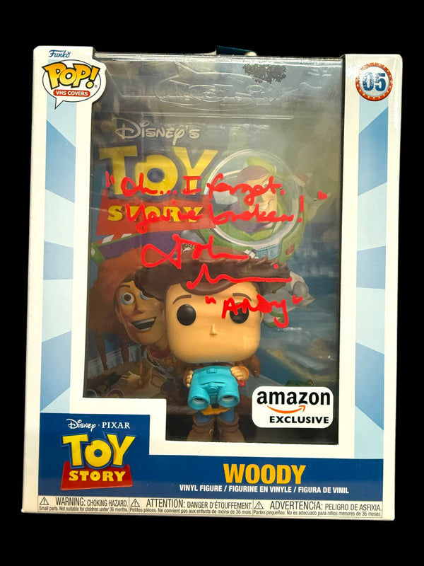 John Morris signed Amz Excl. Disney VHS Cover Toy Story Woody Funko Pop! Quote #2
