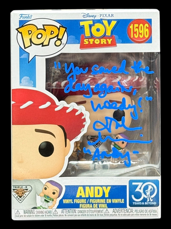 John Morris signed Disney Pixar Toy Story 30 Years and Beyond Andy Funko Pop! - "You saved the day again, Woody!"