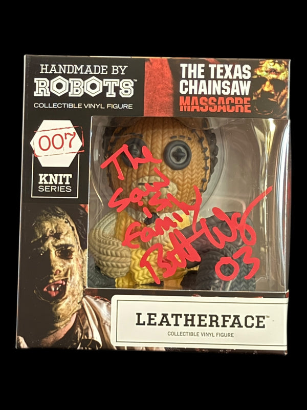 Brett Wagner signed Handmade by Robots Knit Series Leatherface Vinyl Figure - "The Saw is Family"