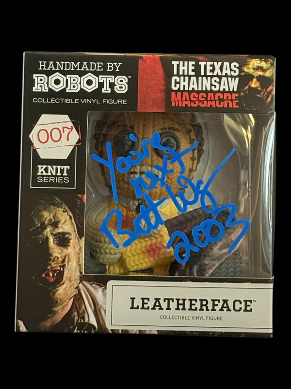 Brett Wagner signed Handmade by Robots Knit Series Leatherface Vinyl Figure - "You're Next" Blue